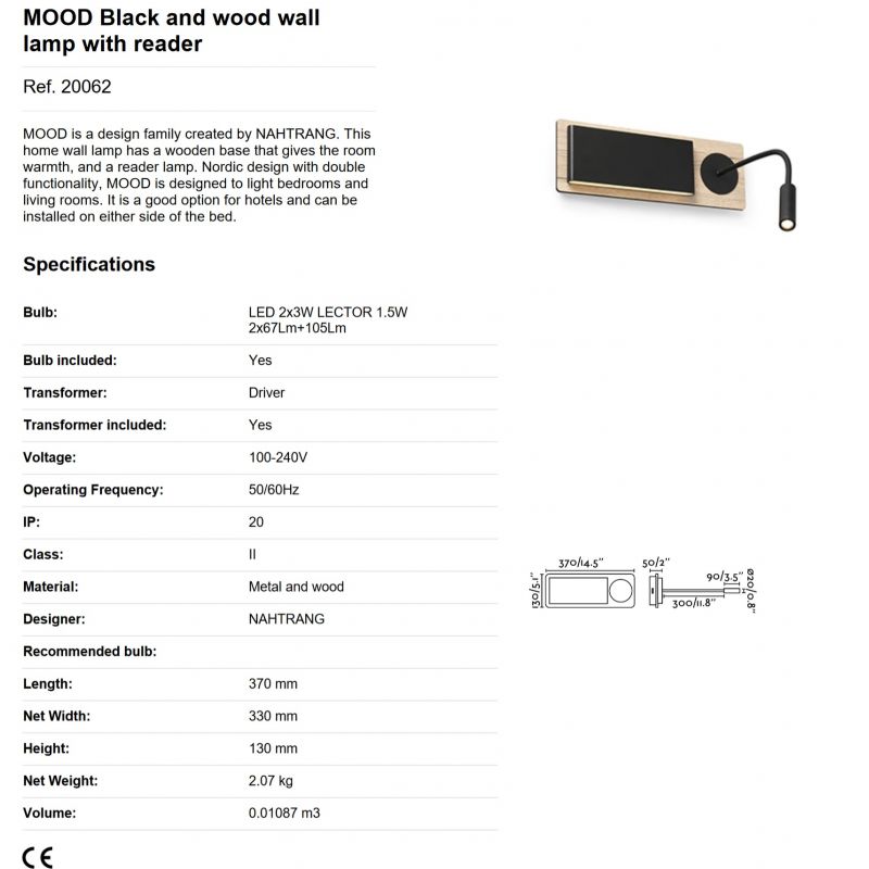 Aplica LED cu reader LED design nordic MOOD lemn/negru