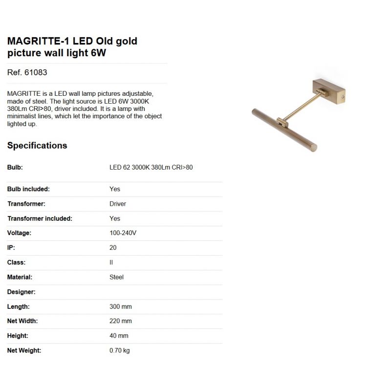 Aplica LED pentru oglinda tablou MAGRITTE-1 LED Old gold