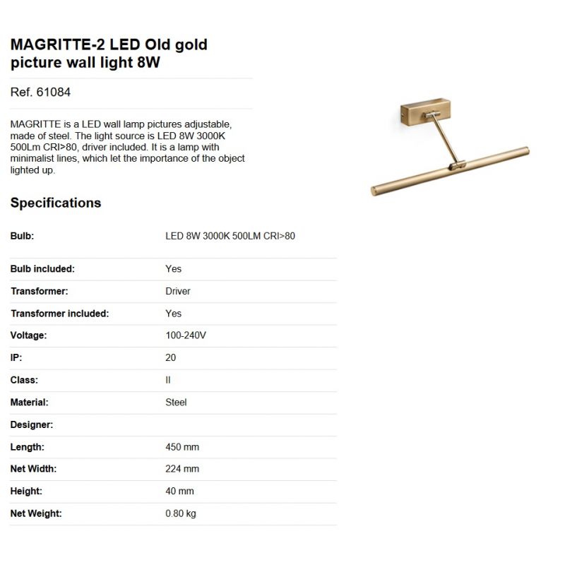 Aplica LED pentru oglinda tablou MAGRITTE-2 LED Old gold