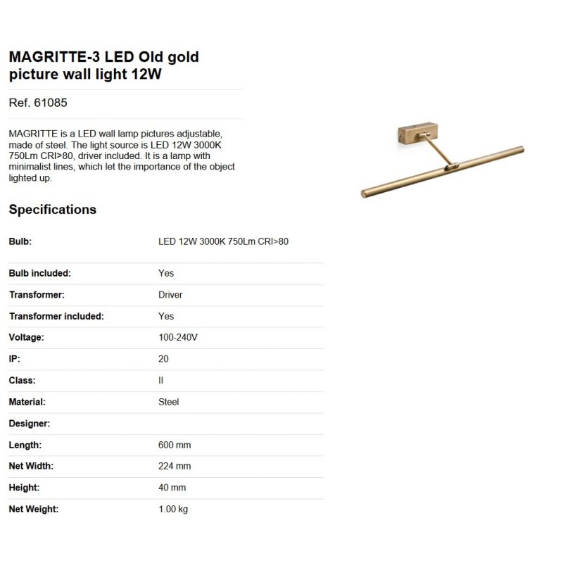 Aplica LED pentru oglinda tablou MAGRITTE-3 LED Old gold