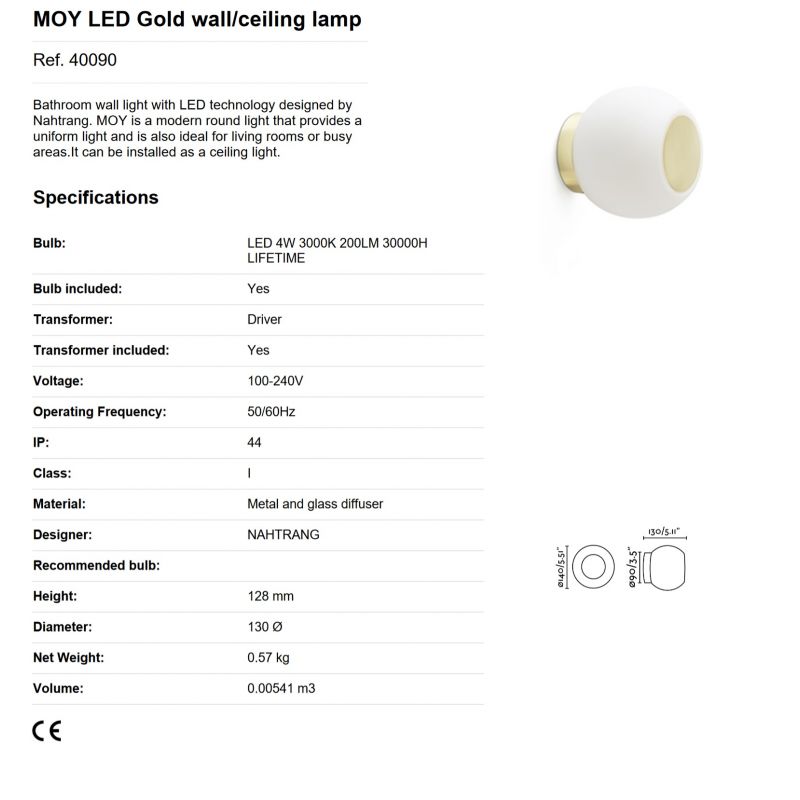 Aplica LED perete/tavan pentru baie IP44 MOY aurie