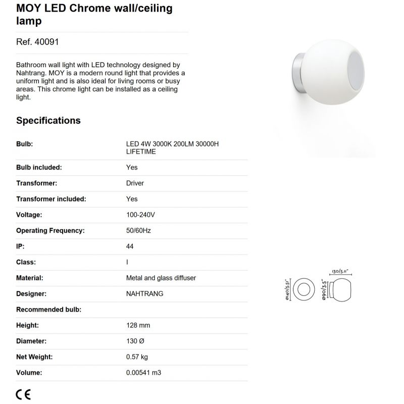 Aplica LED perete/tavan pentru baie IP44 MOY crom