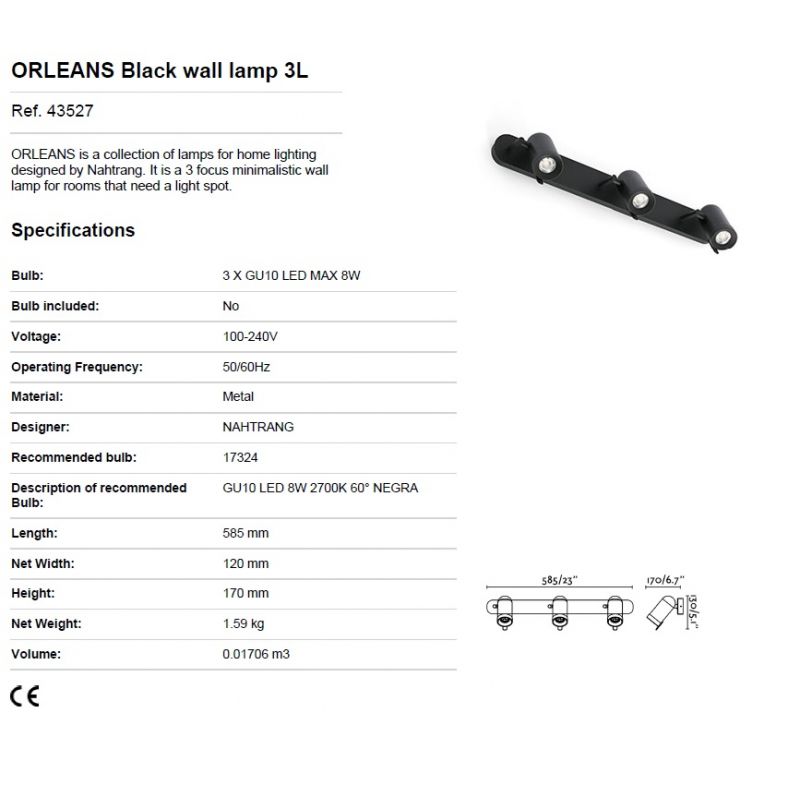 Aplica LED stil modern minimalist ORLEANS 3L negru