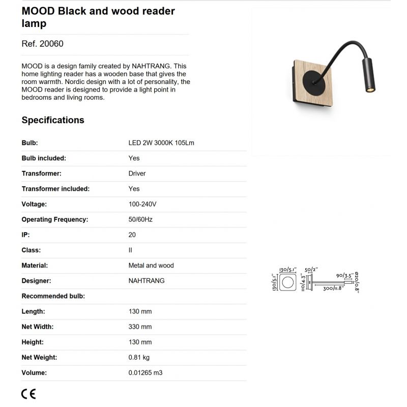 Aplica minimalista cu reader LED design nordic MOOD lemn/negru