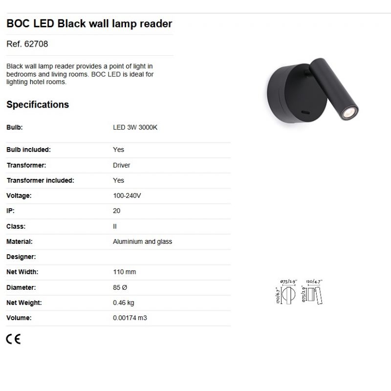 Aplica moderna cu reader LED design minimalist BOC neagra
