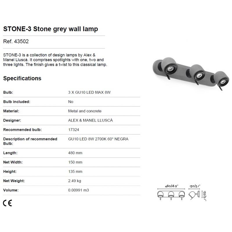Aplica perete cu 3 spoturi STONE-3 gri