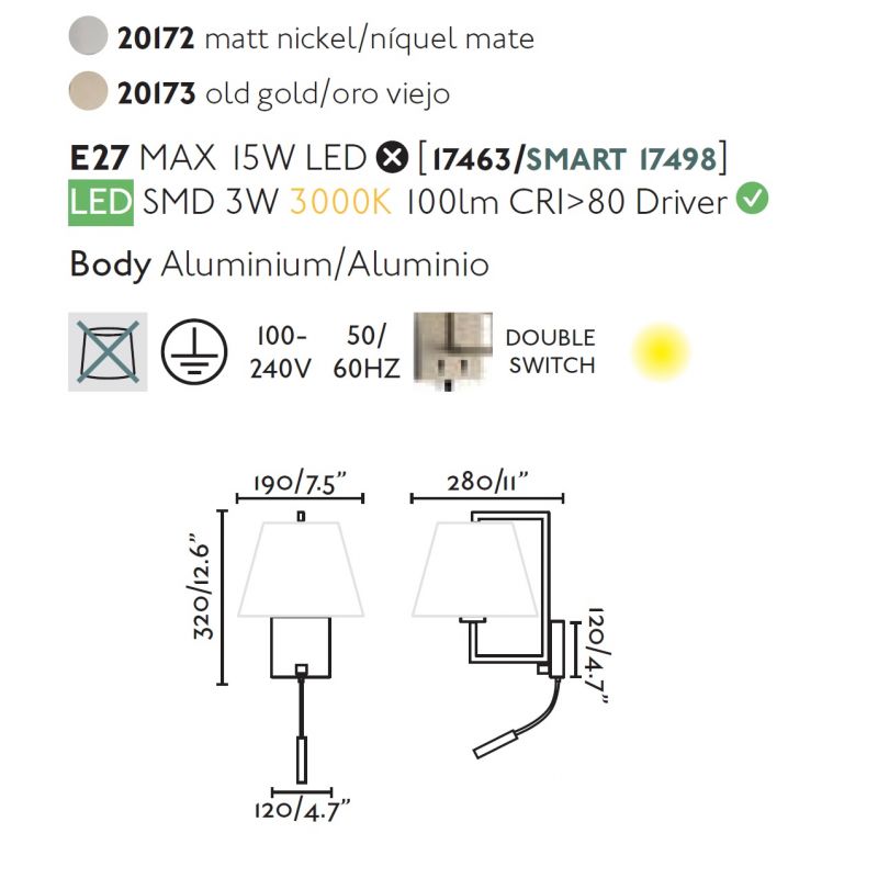 Aplica perete cu reader LED design clasic FRAME auriu antic/negru