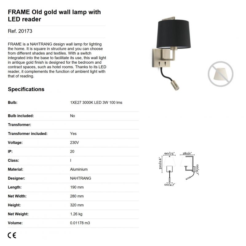 Aplica perete cu reader LED design clasic FRAME auriu antic/negru