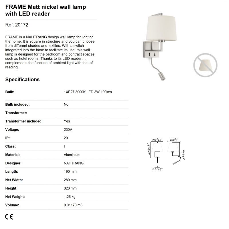 Aplica perete cu reader LED design clasic FRAME nickel/alb