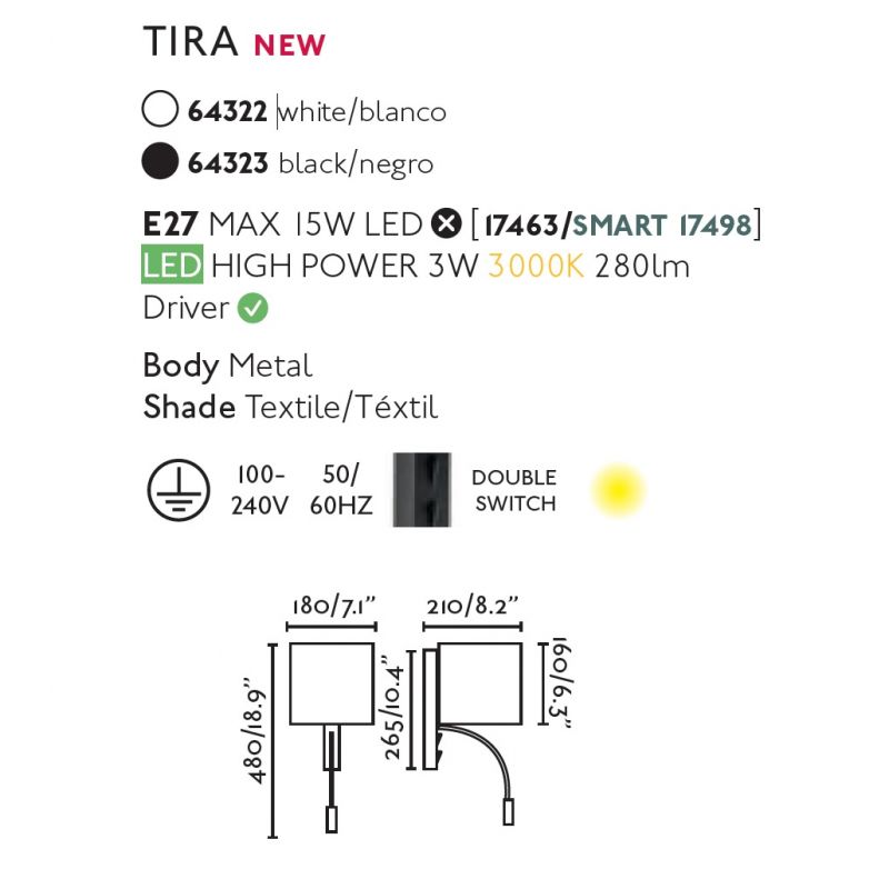 Aplica perete cu reader LED design modern TIRA alba