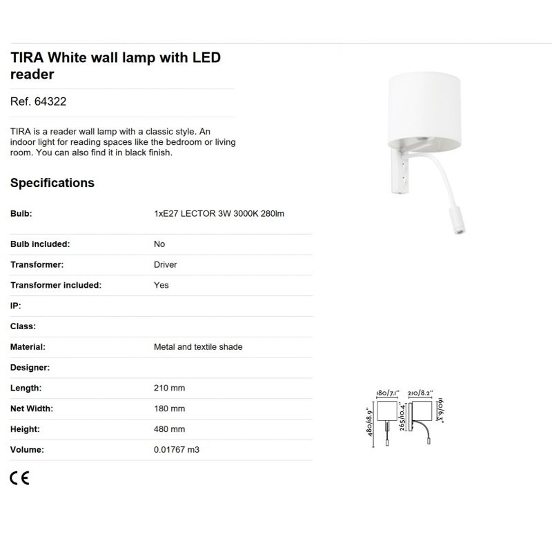 Aplica perete cu reader LED design modern TIRA alba
