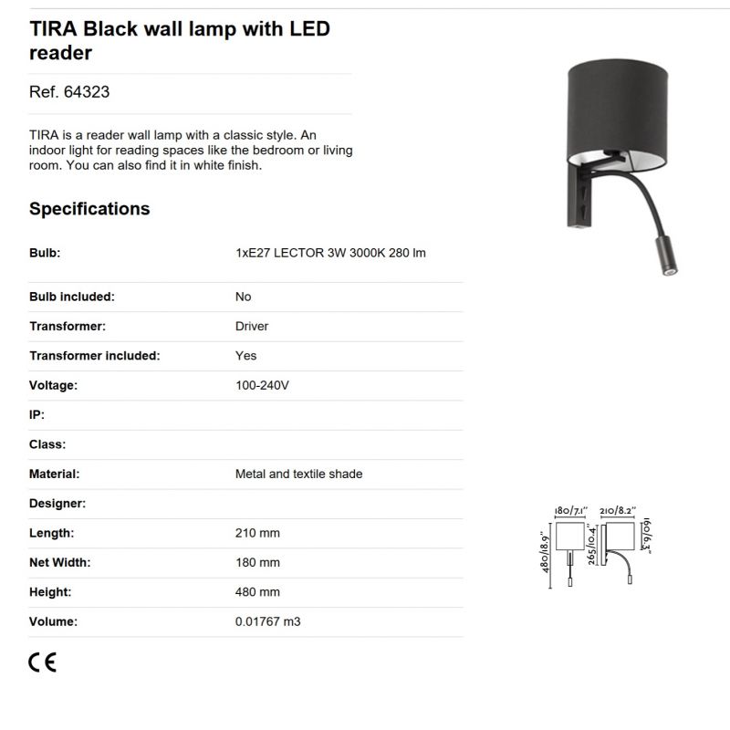 Aplica perete cu reader LED design modern TIRA neagra