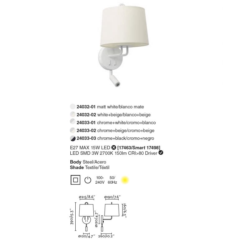 Aplica perete cu reader LED moderna design elegant MONTREAL alb/bej