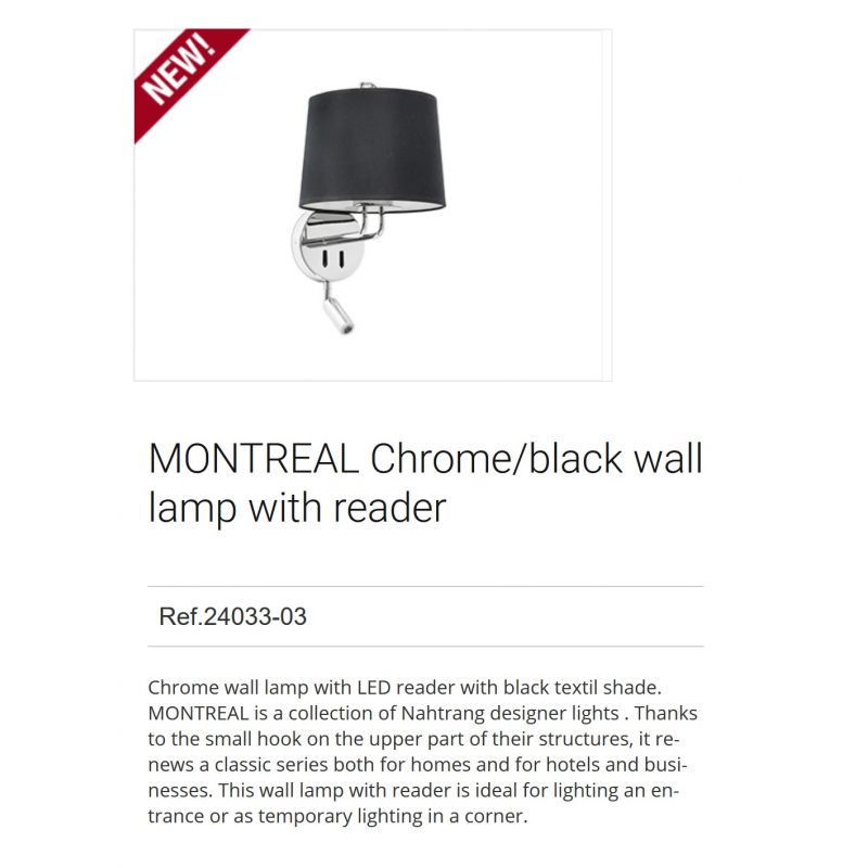 Aplica perete cu reader LED moderna design elegant MONTREAL crom/negru