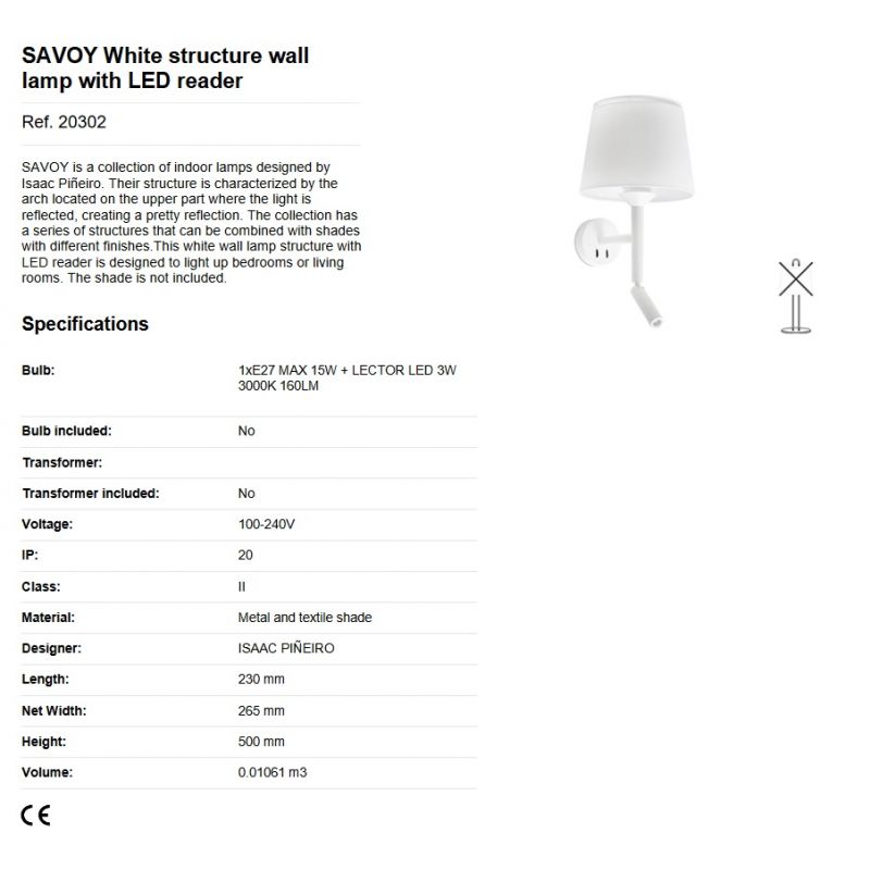 Aplica perete cu reader LED moderna design elegant SAVOY alba
