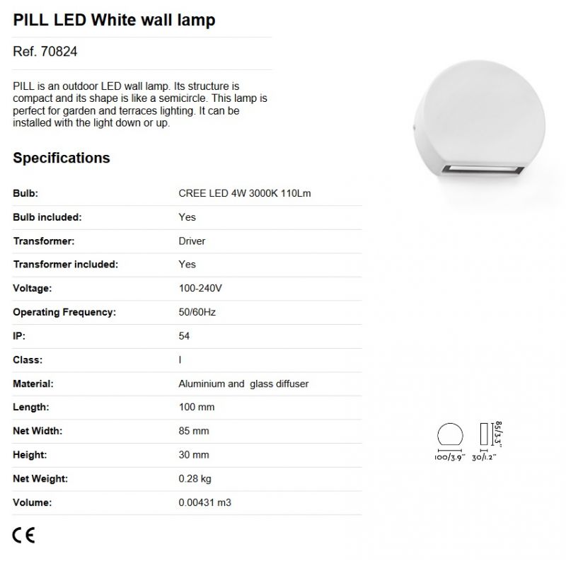 Aplica perete LED de exterior stil modern IP54 PILL alba