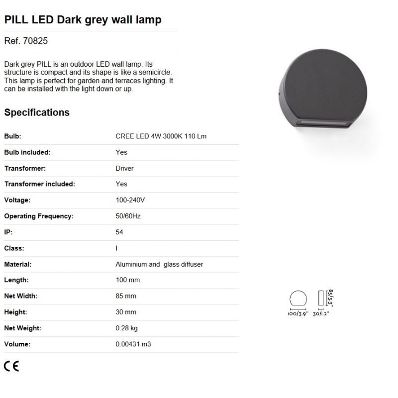 Aplica perete LED de exterior stil modern IP54 PILL gri inchis