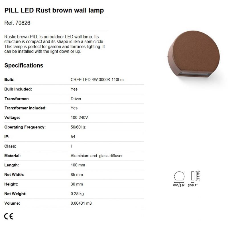 Aplica perete LED de exterior stil modern IP54 PILL maro rustic