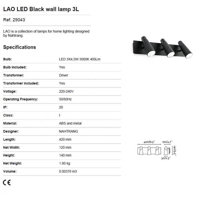Aplica perete LED moderna cu 3 spoturi LAO neagra