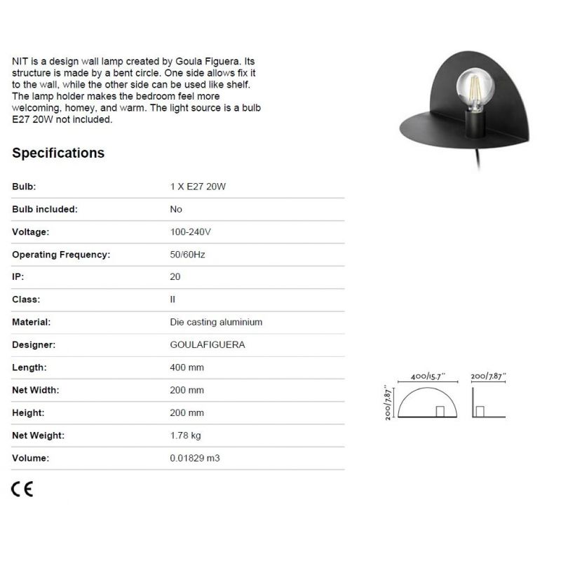 Aplica perete moderna cu raft NIT neagra dreapta
