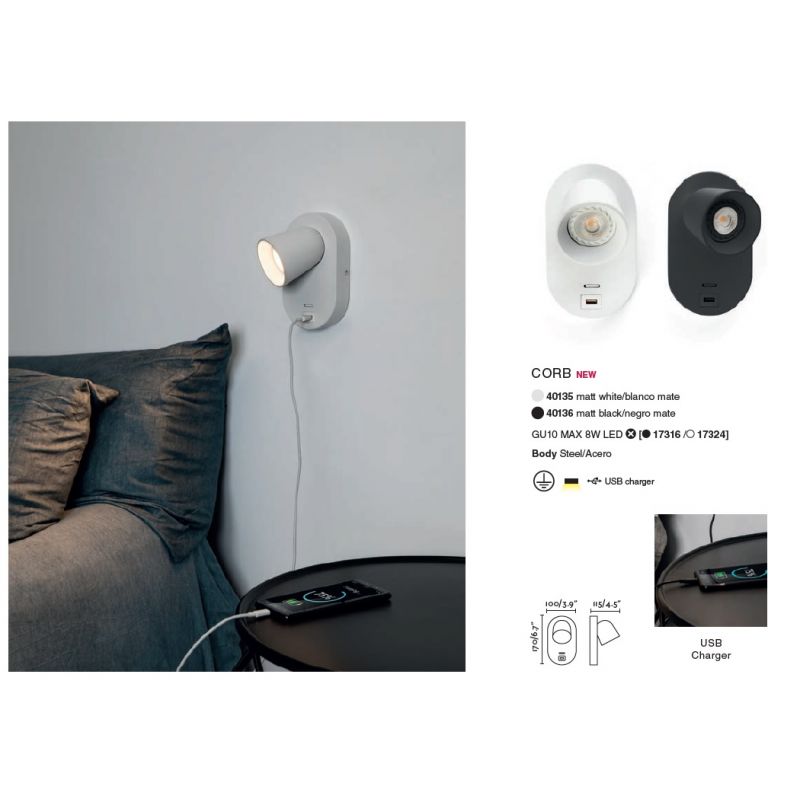 Aplica perete moderna cu USB charger CORB neagra