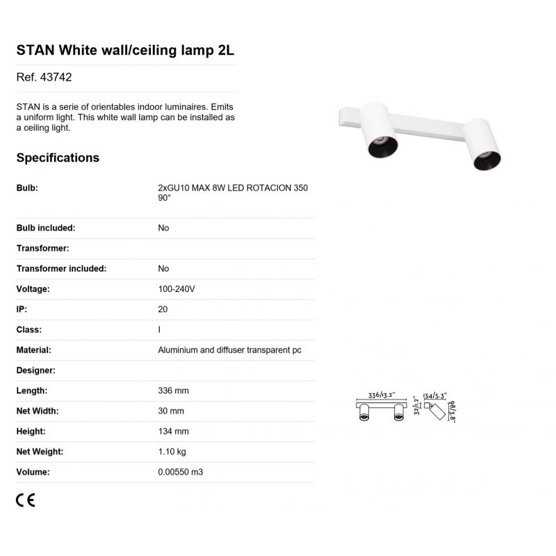 Aplica perete / tavan cu 2 spoturi directionabile design modern STAN 2L alba