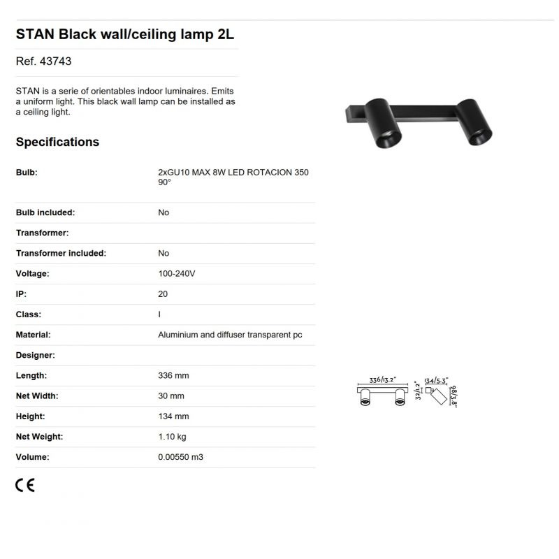 Aplica perete / tavan cu 2 spoturi directionabile design modern STAN 2L neagra