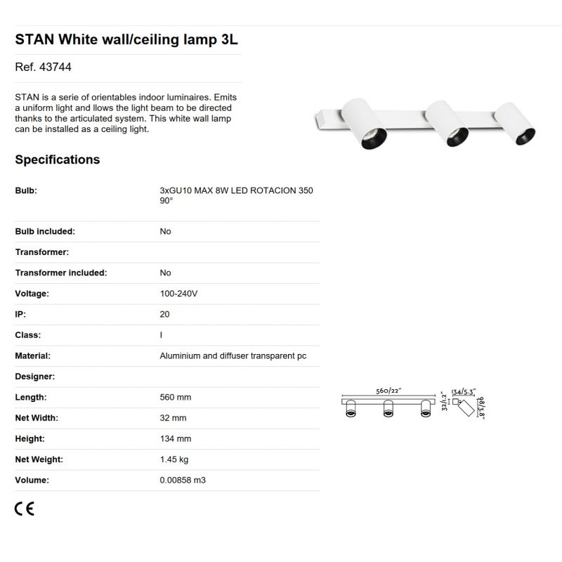 Aplica perete / tavan cu 3 spoturi directionabile design modern STAN 3L alba
