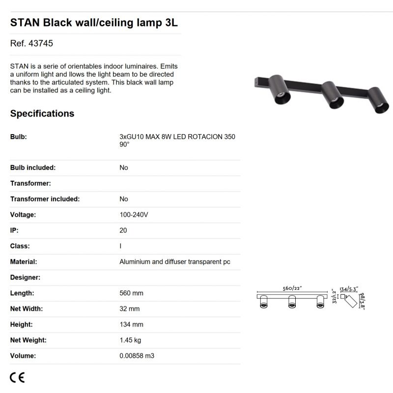 Aplica perete / tavan cu 3 spoturi directionabile design modern STAN 3L neagra