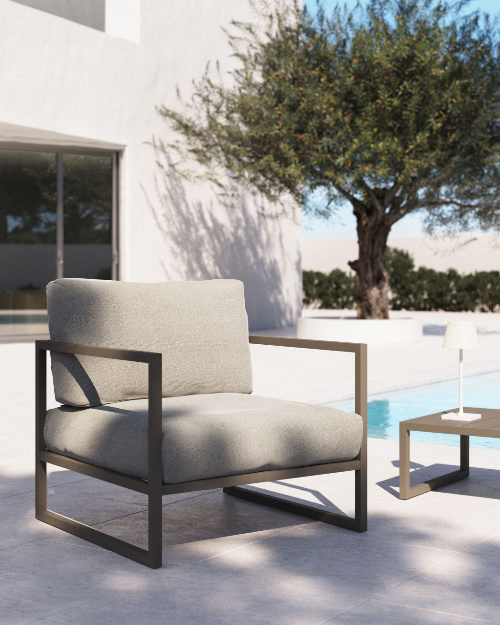 Fotoliu exterior gri din textil Comova Kave Home