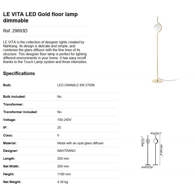 Lampadar LED dimabil design modern LE VITA LED Gold