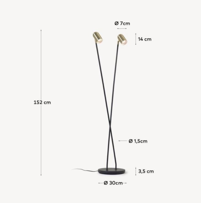 Lampadar negru/auriu din metal cu 2 becuri 152 cm Clemence Kave Home