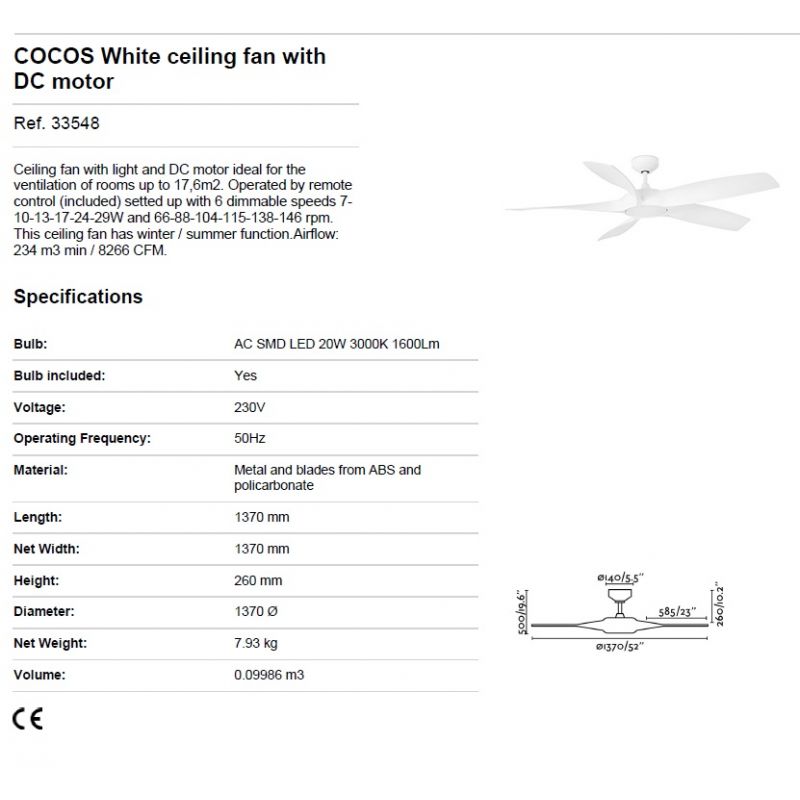 Lustra LED cu Ventilator si telecomanda COCOS alb
