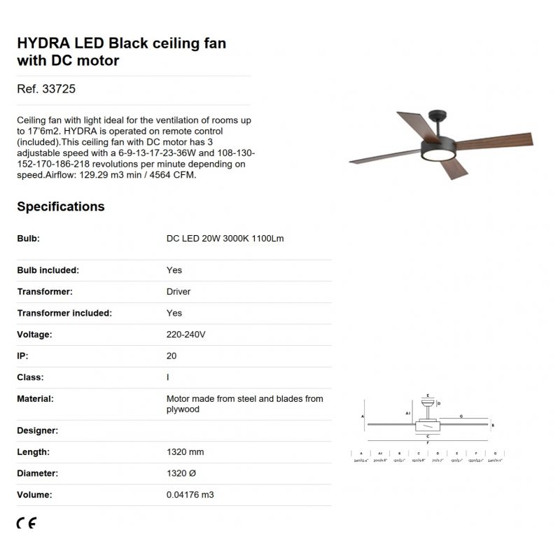 Lustra LED cu Ventilator si telecomanda design modern HYDRA negru / lemn nuc