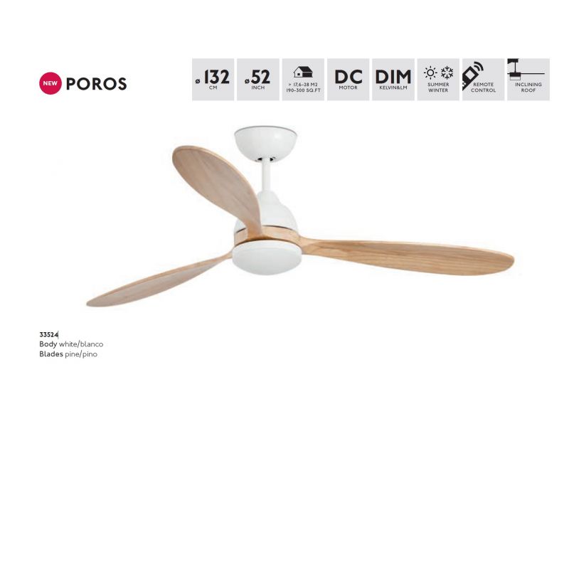 Lustra LED cu Ventilator si telecomanda design modern POROS alb/lemn