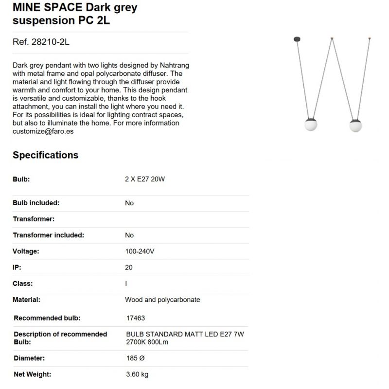 Lustra / Pendul MINE SPACE Dark grey suspension PC 2L