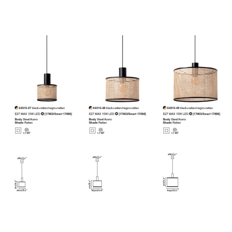 Lustra pendul moderna design natural MAMBO simple ø32cm negru/ratan