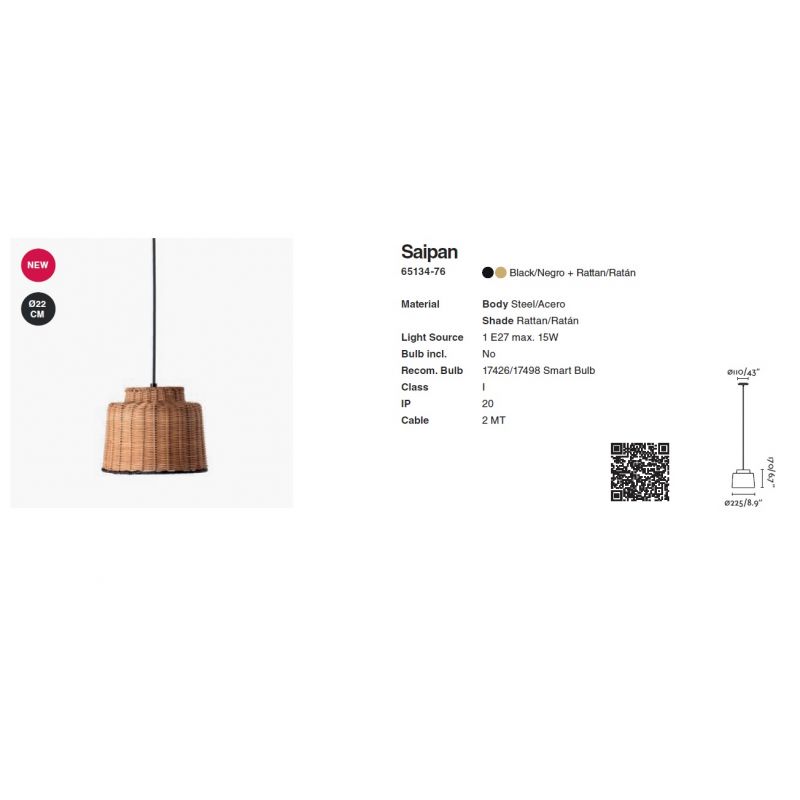 Lustra / Pendul suspendat design natural din ratan SAIPAN 22,5cm