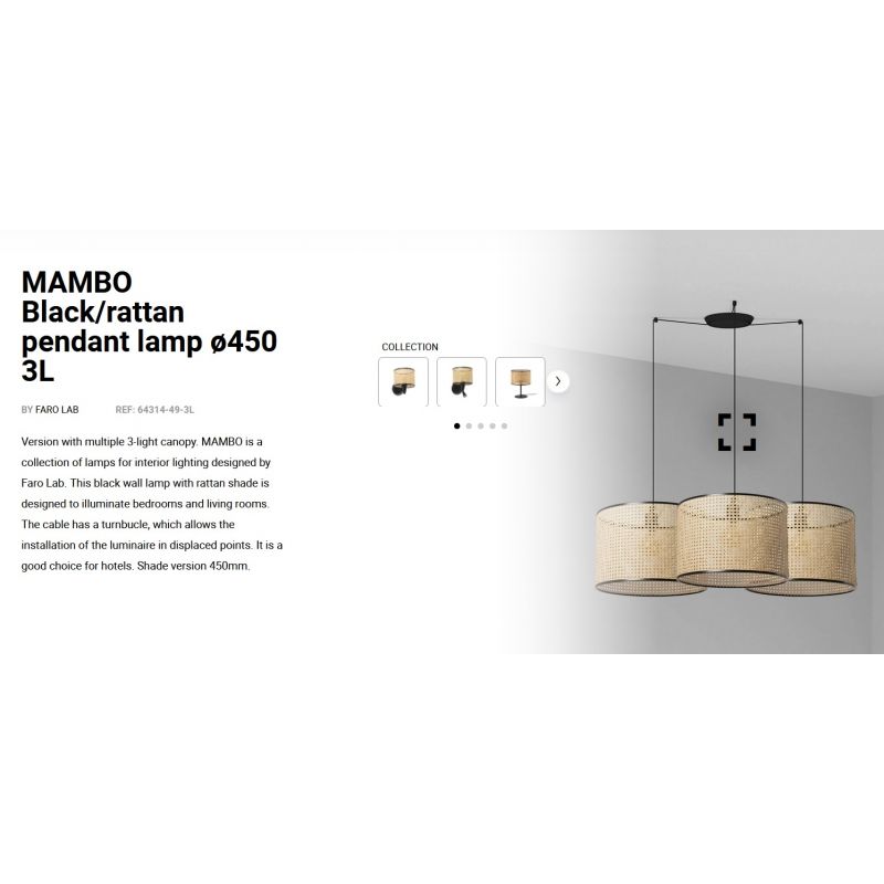 Lustra suspendata cu 3 pendule design natural MAMBO ø45cm negru/ratan