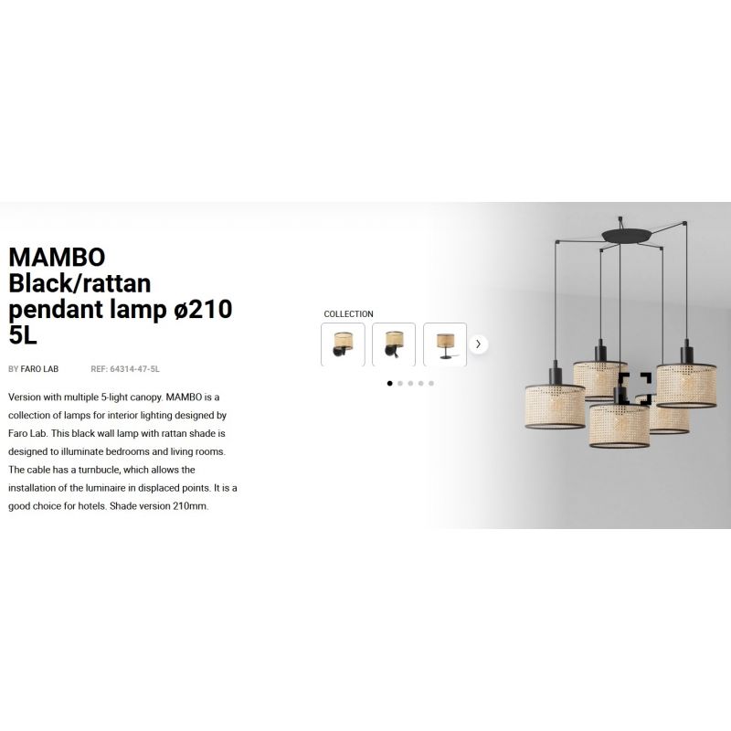 Lustra suspendata cu 5 pendule design natural MAMBO ø21cm negru/ratan