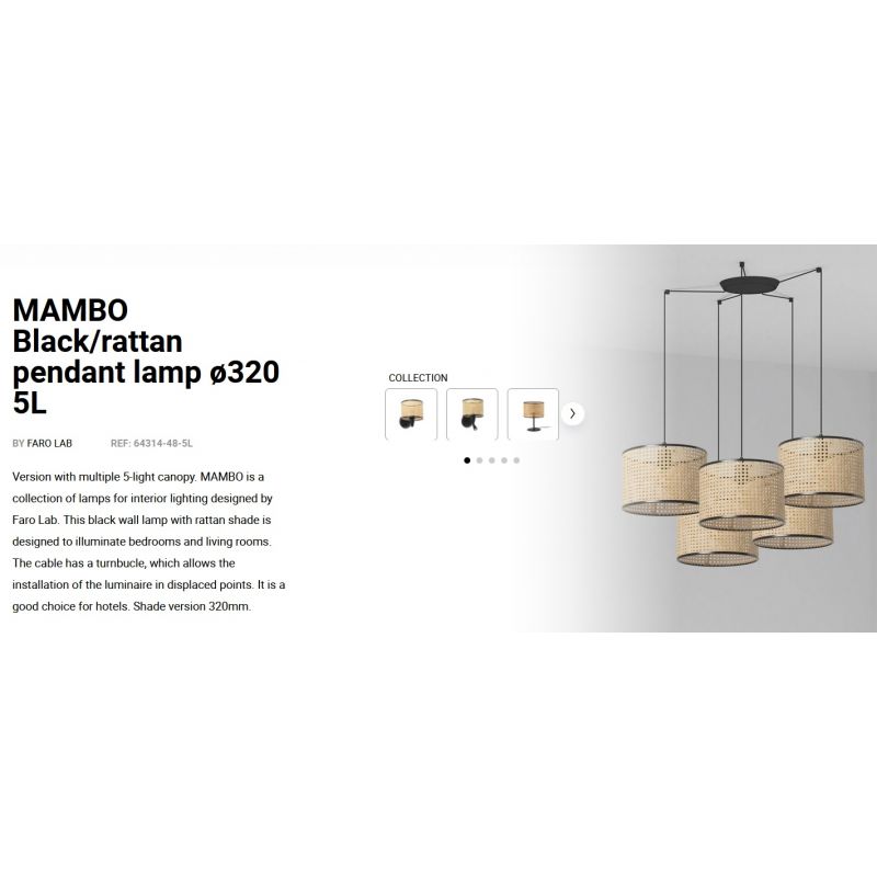 Lustra suspendata cu 5 pendule design natural MAMBO ø32cm negru/ratan