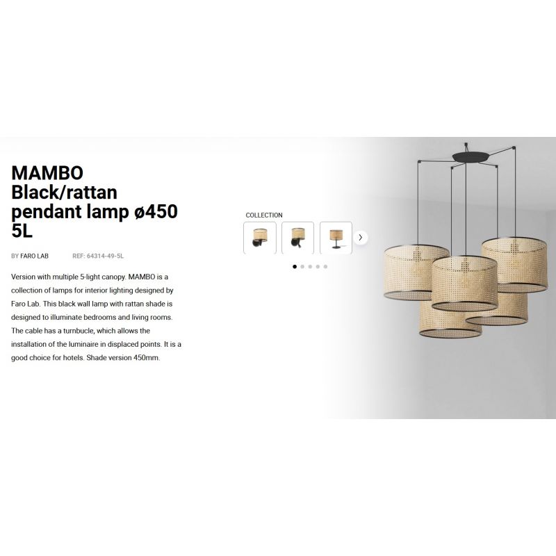 Lustra suspendata cu 5 pendule design natural MAMBO ø45cm negru/ratan