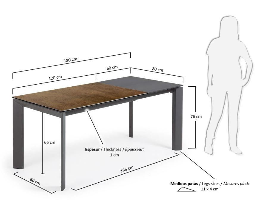 Masa dining extensibila gri/maro din metal 80x(120)180 cm Axis Iron Corten Kave Home