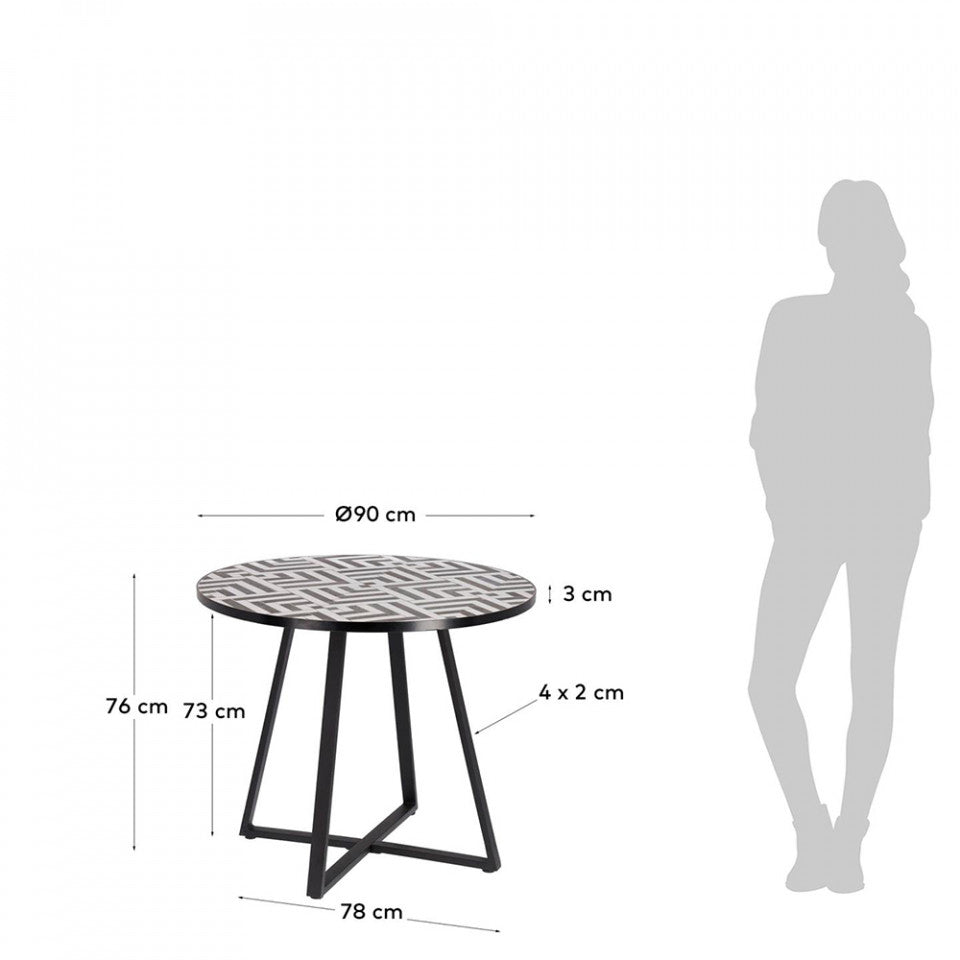 Masa dining exterior alba/maro din ceramica si metal 90 cm Tella Kave Home