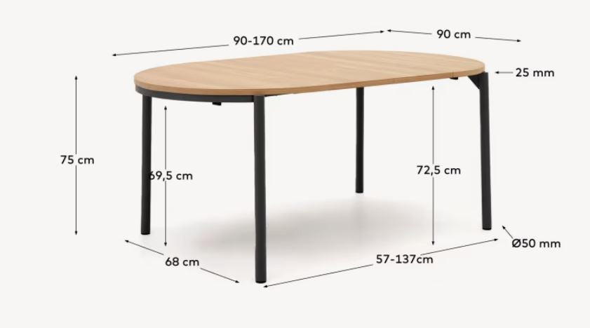 Masa dining maro/neagra din lemn 90(170) cm Montuiri Kave Home