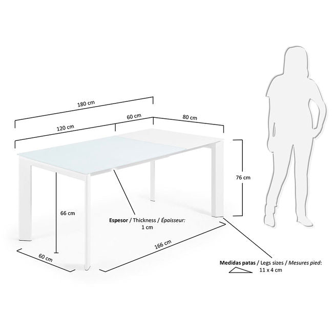 Masa extensibila alba din sticla si metal 80x120(180) cm Axis Kave Home