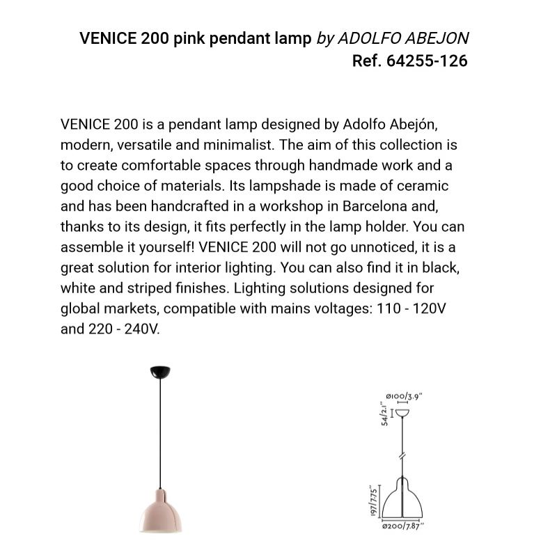 Pendul cu abajur ceramic realizat manual VENICE 200, roz
