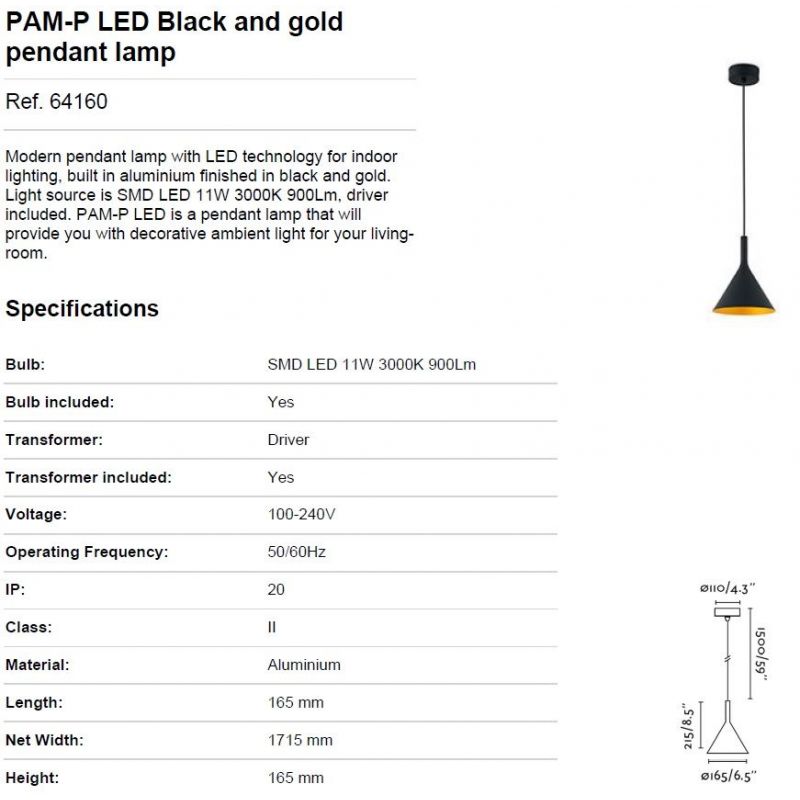 Pendul LED modern PAM-P small negru/auriu