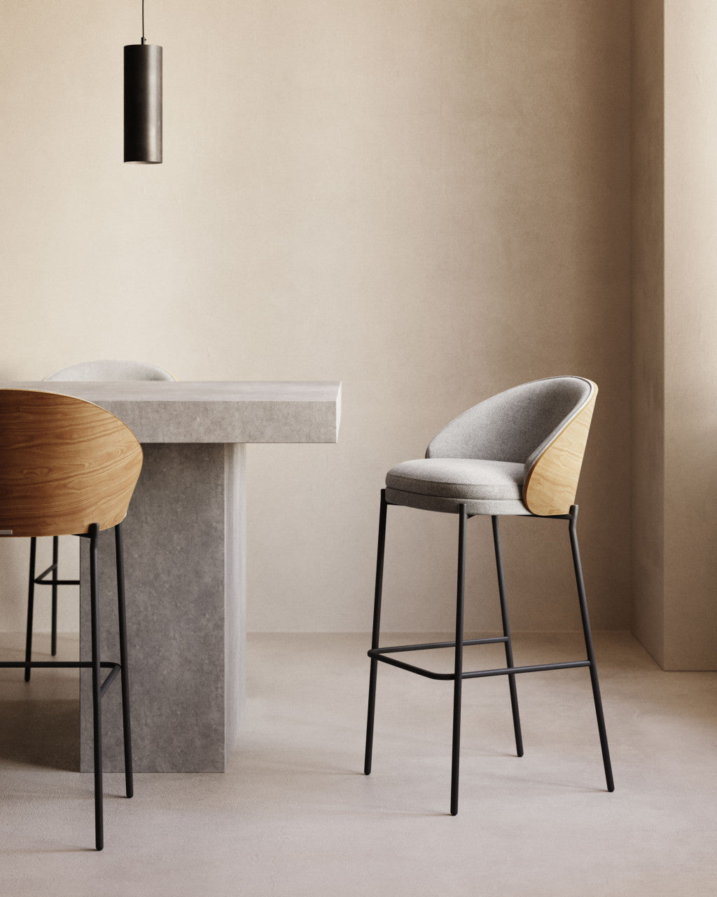 Scaun bar gri deschis/maro din textil Eamy Kave Home