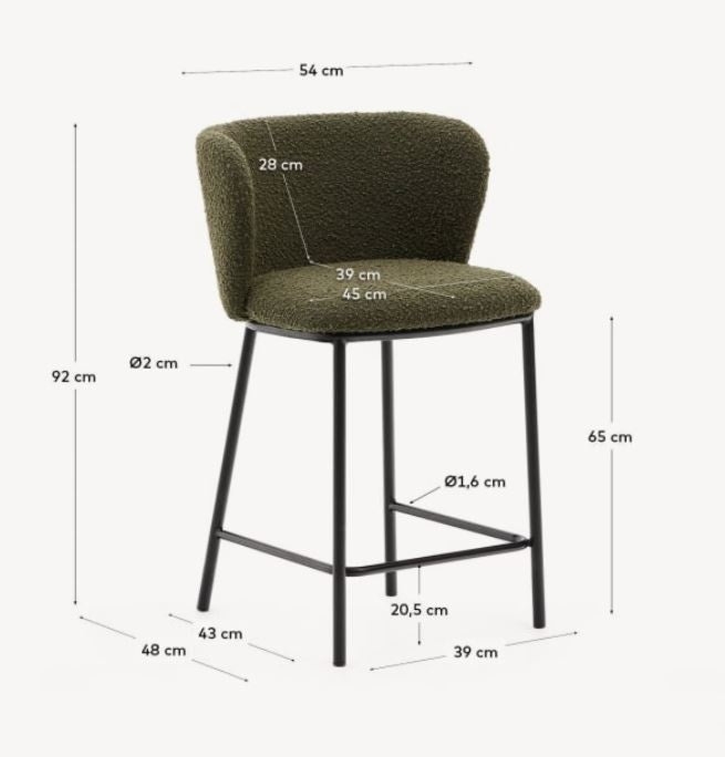 Scaun bar verde din textil Ciselia Low Boucle Kave Home